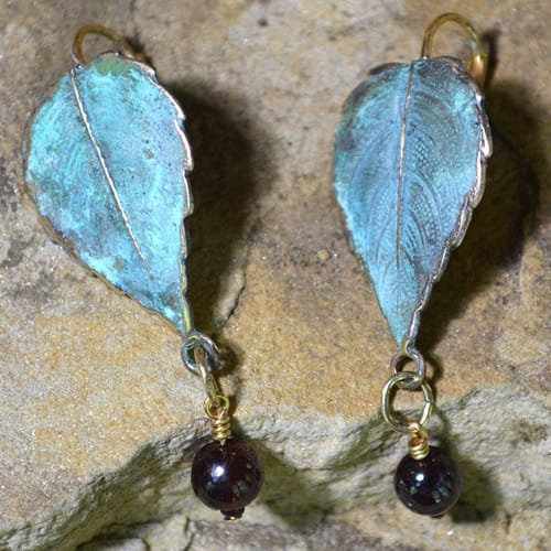 EC-042 Earrings Classic Leaves with Garnet $56 at Hunter Wolff Gallery